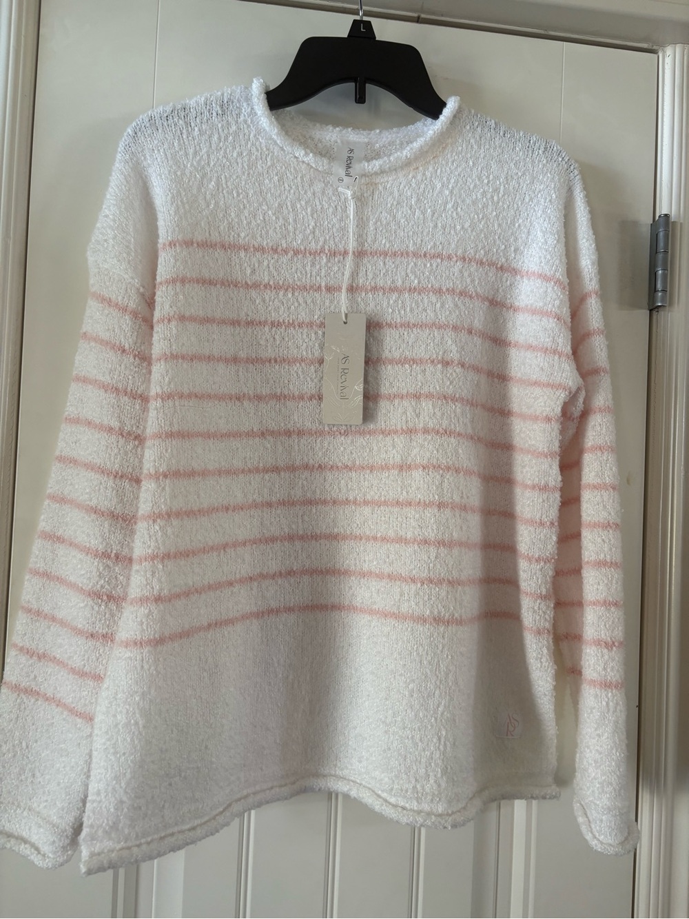 SO Royal White Crewneck Sweater with Soft Pink Stripes